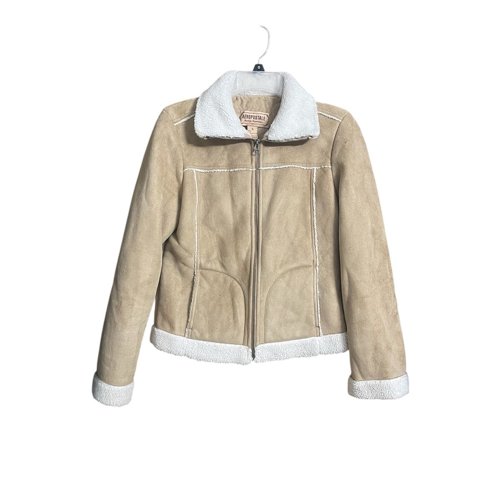 Y2K Aeropostale Tan Faux Suede Sherpa Trim Zip Jacket,2000s Cozy Shearling Style